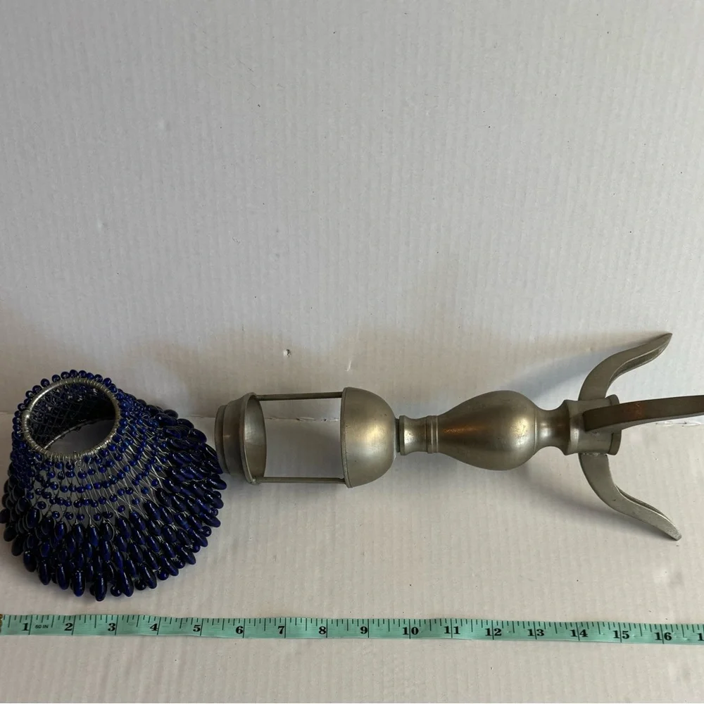 Vtg Cobalt Blue Glass Bead Shaded Votive candle holder with pewter 3 leg base.